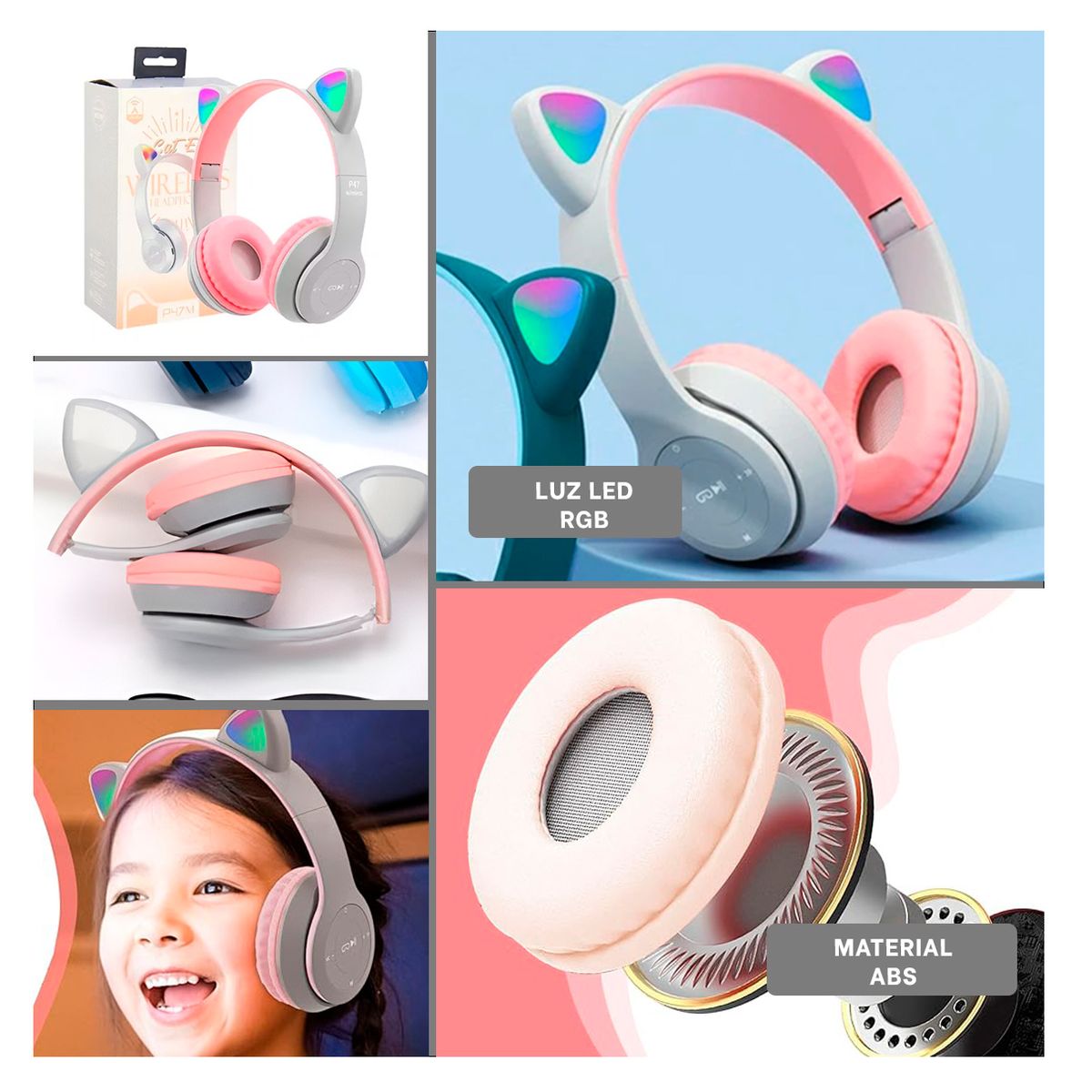 RYBIU IMPORT - Audifonos Forma de Gato en Color Plomo Y+Regalo Stickers