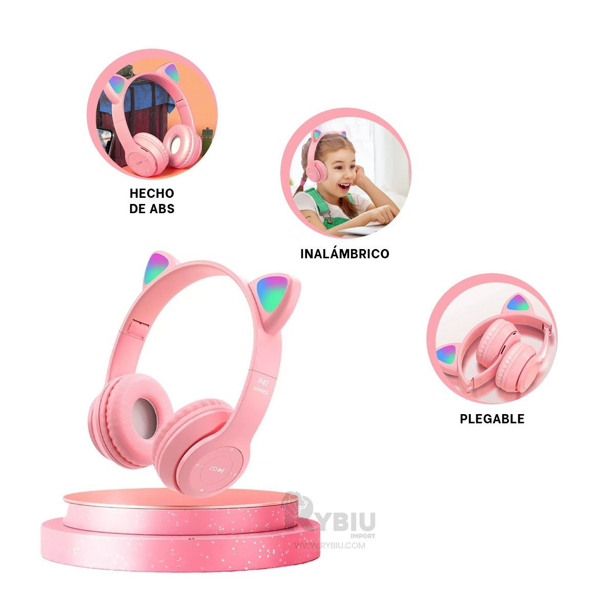 RYBIU IMPORT - Audifonos Forma de Gato en Color Rosado Y+Regalo Stickers