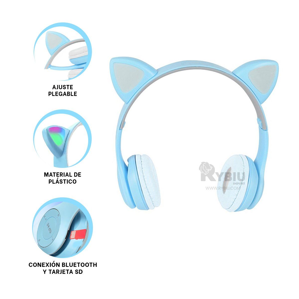 RYBIU IMPORT - Auriculares Felino con Luces Tono Celeste Y+Regalo Stickers