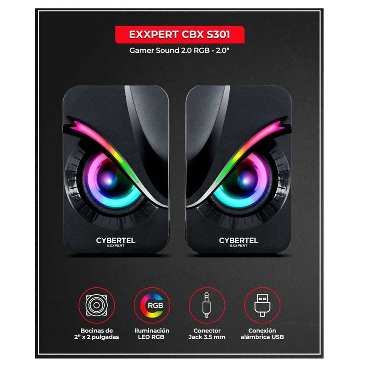 CYBERTEL - Parlante Cybertel 2.0 Exxpert - CBX S301 Gamer Sound RGB 2.0