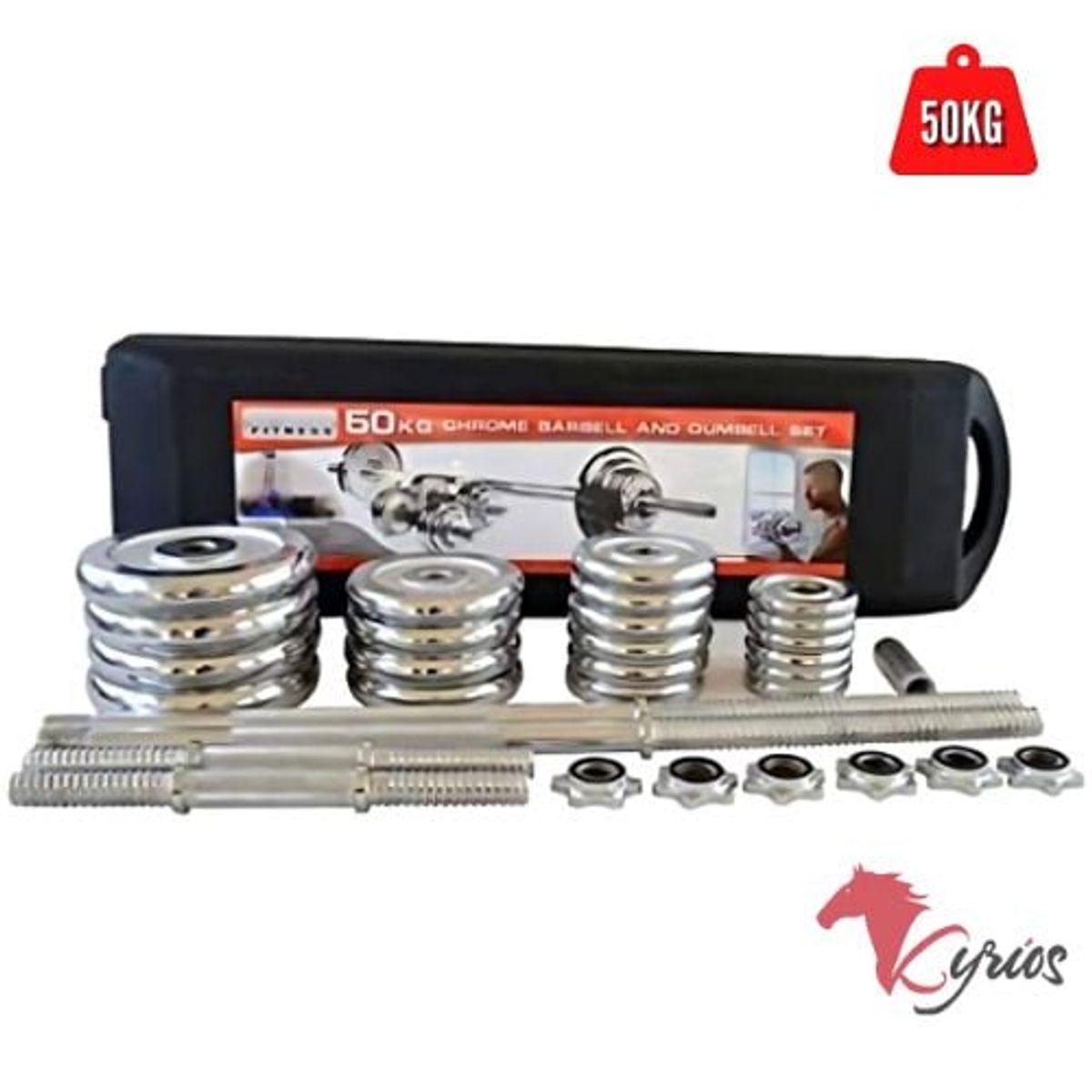 GENERICO - Set 50 Kilos Mancuernas Pesas Cromadas Maletin Y Barra Recta