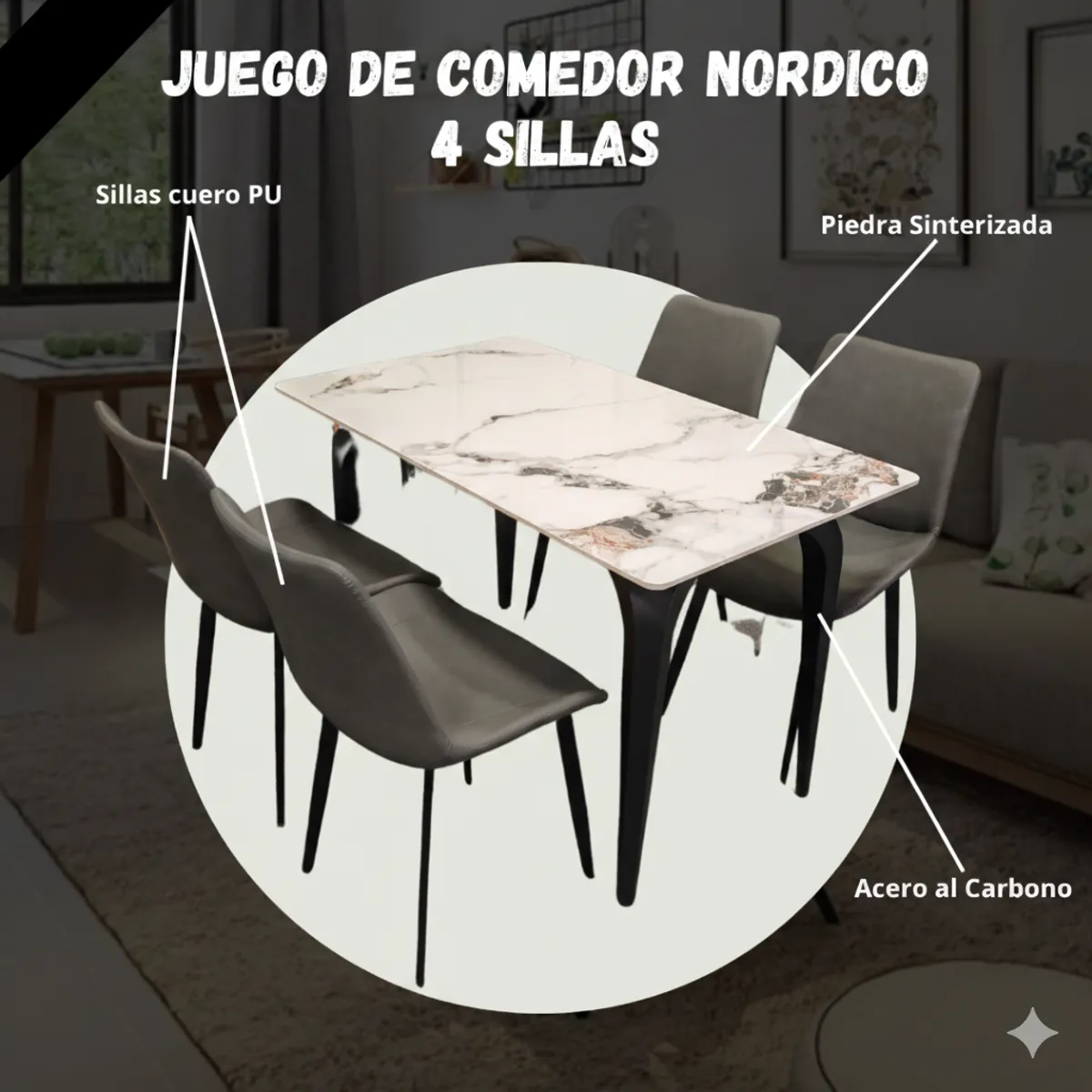 MIN CITY HOME - Juego de comedor Nórdico con 4 sillas (140cm x 80cm)
