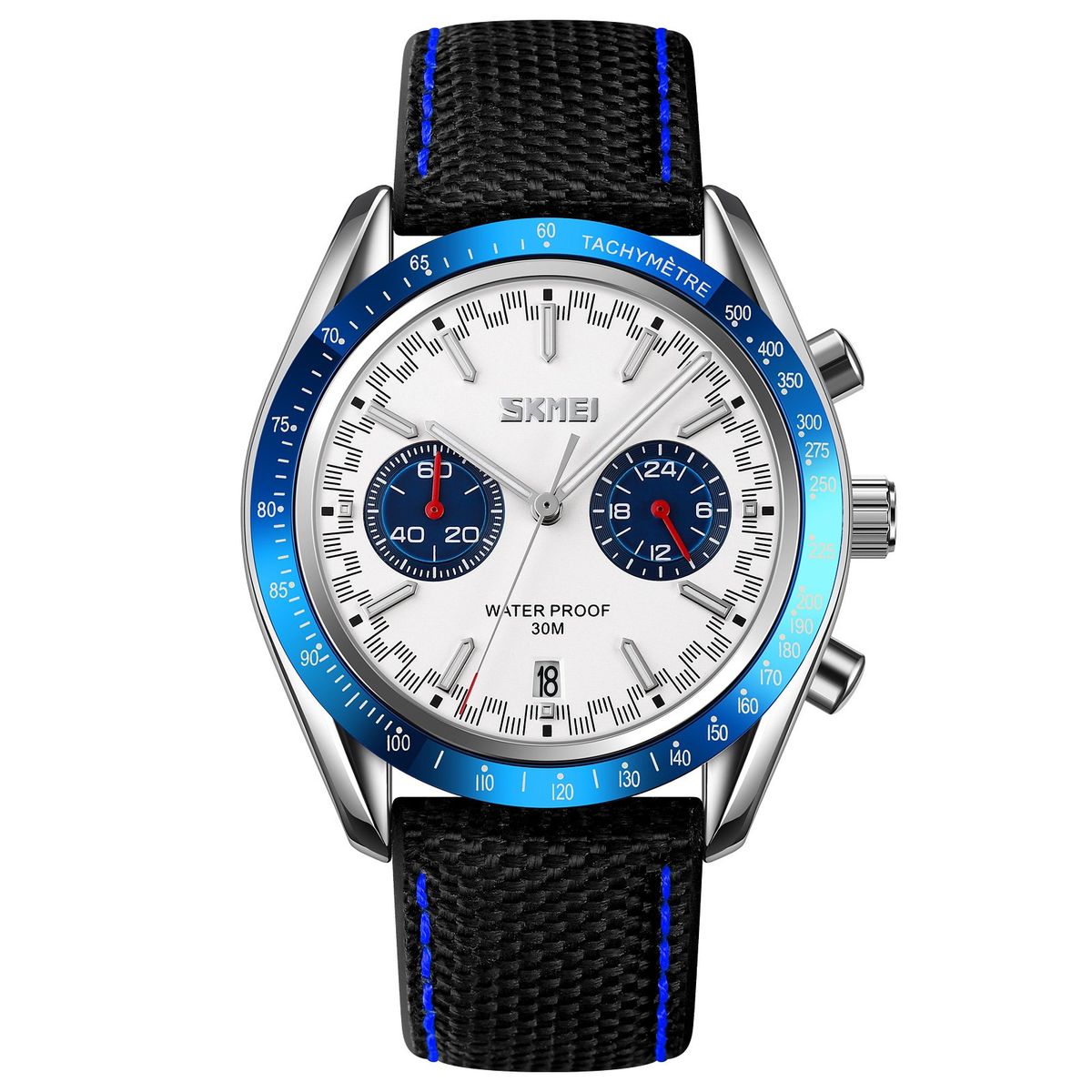 SKMEI - Reloj Skmei 9292 NEGRO DETALLES AZULES FONDO BLANCO CORREA CUERO