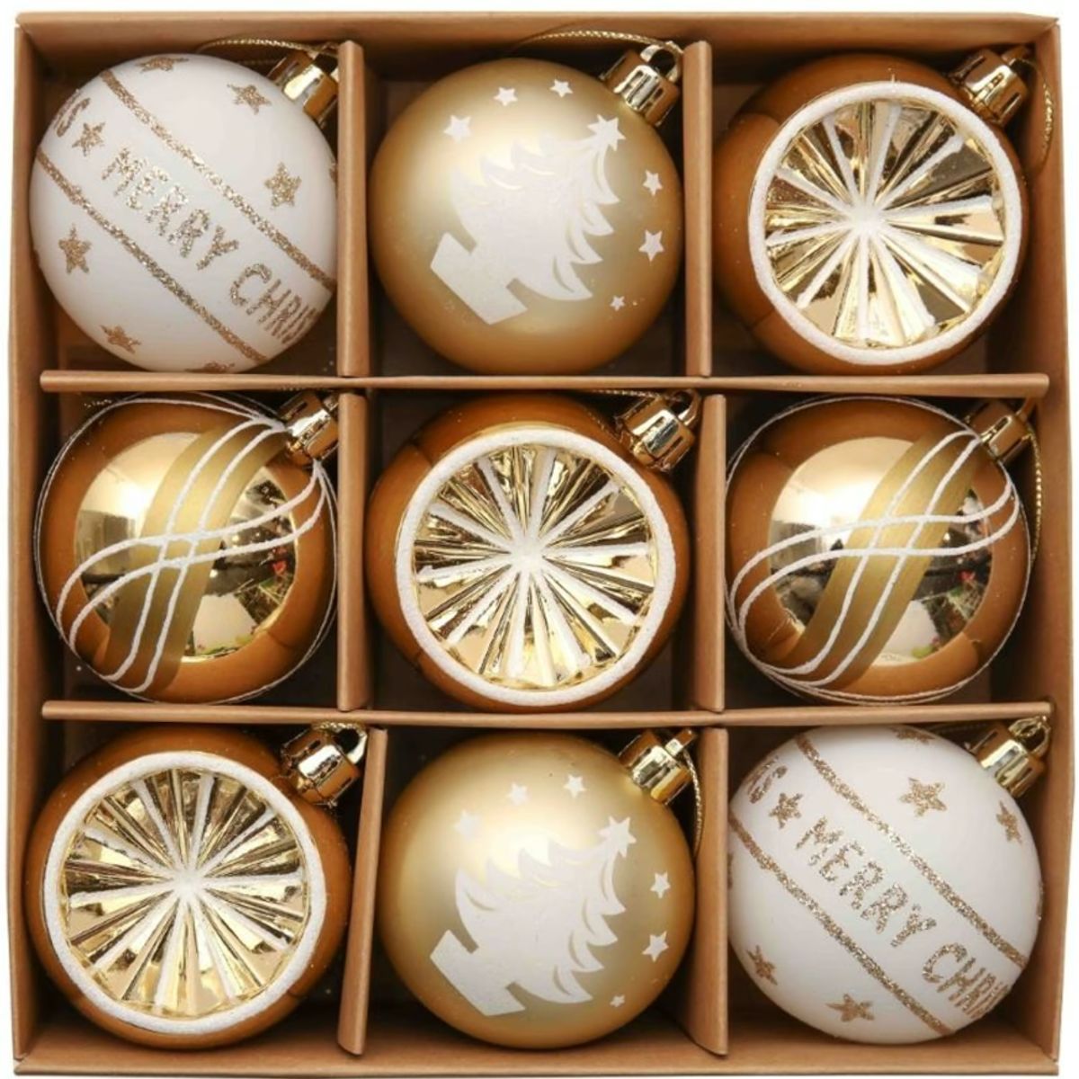 GENERICO - ESFERAS DE NAVIDAD 9 UNIDADES - DORADO CON BLANCO