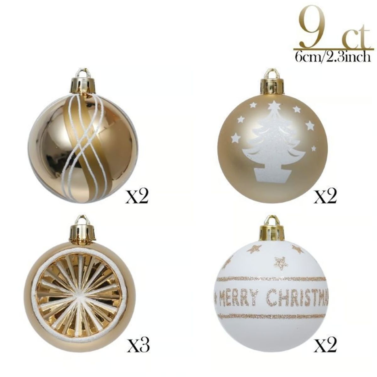 GENERICO - ESFERAS DE NAVIDAD 9 UNIDADES - DORADO CON BLANCO