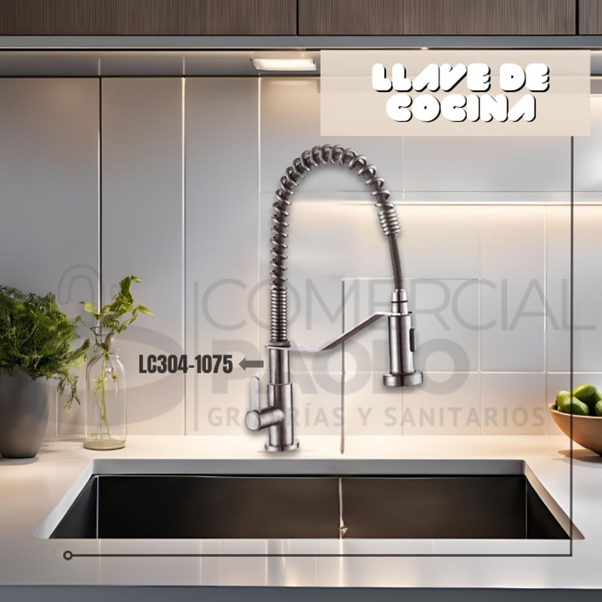 XM - LLAVE DE COCINA RESORTE SATINADO AL MUEBLE LC304-1075