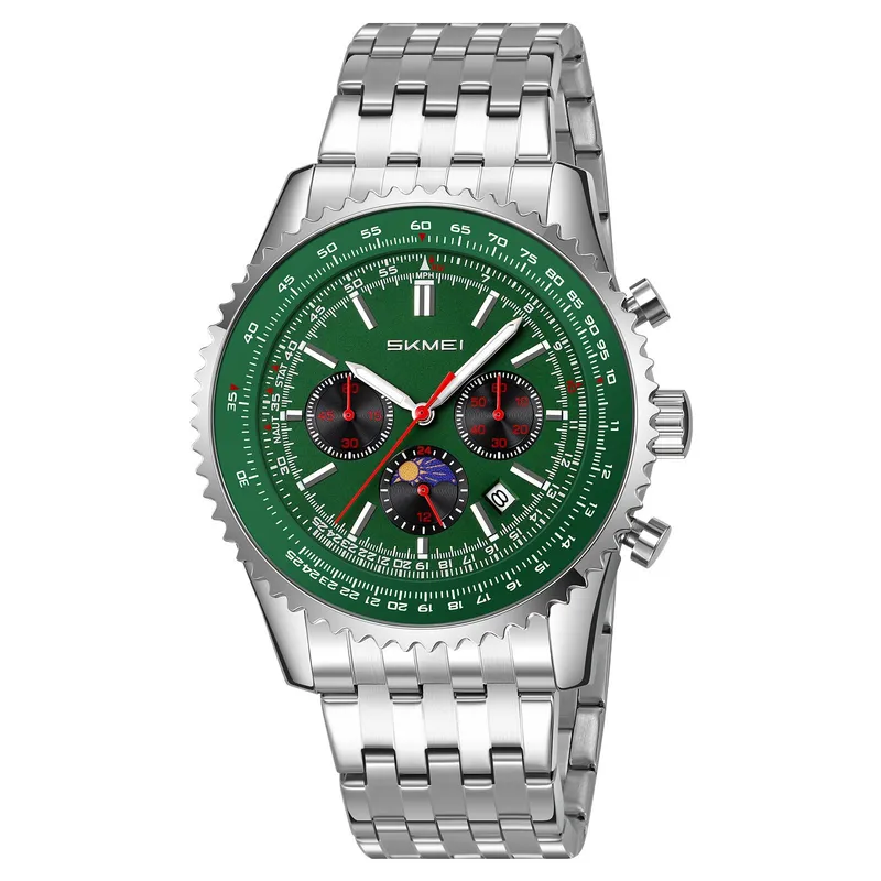 SKMEI - Reloj Skmei 9348 PLATEADO FONDO VERDE MOON PHASE Cronómetro