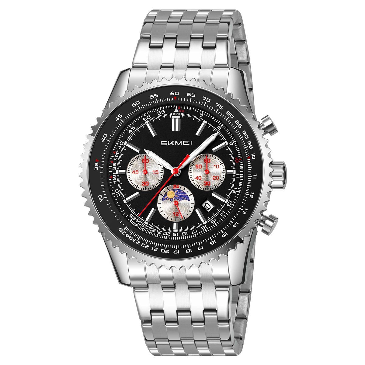 Skmei - Reloj Skmei 9348 PLATEADO FONDO NEGRO MOON PHASE Cronómetro