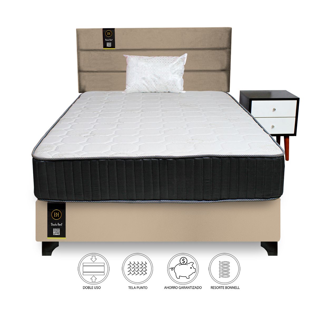 BARAKA HOME - Dormitorio Tuzla 1.5 Plz + Cabecera aérea + Colchón Dual + 1 velador + 1 Almohada - Beige Claro