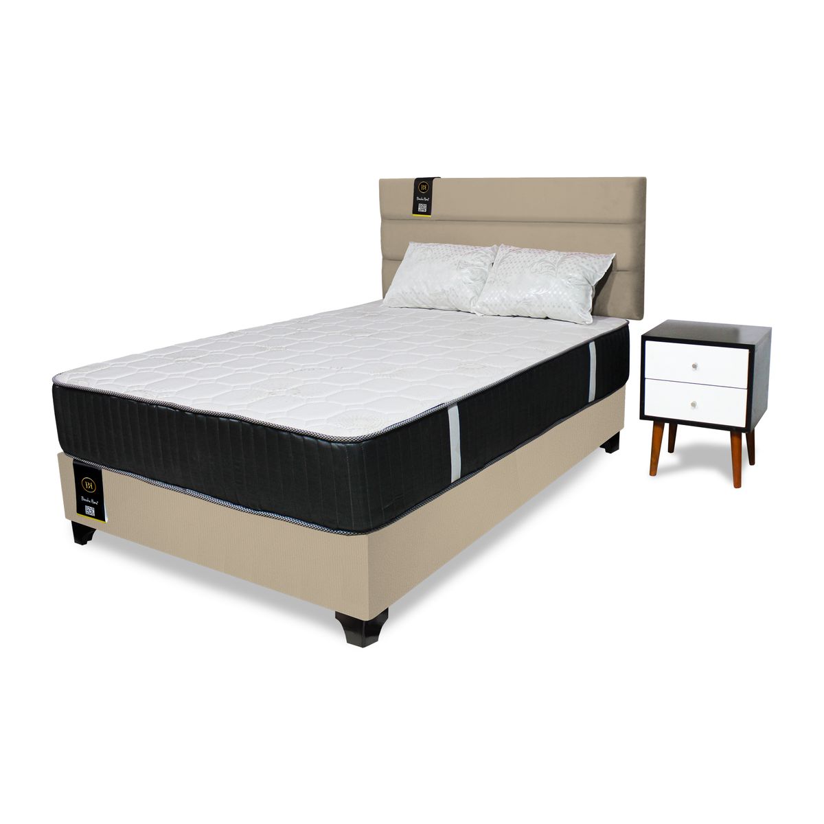 BARAKA HOME - Dormitorio Tuzla 1.5 Plz + Cabecera aérea + Colchón Dual + 1 velador + 1 Almohada - Beige Claro