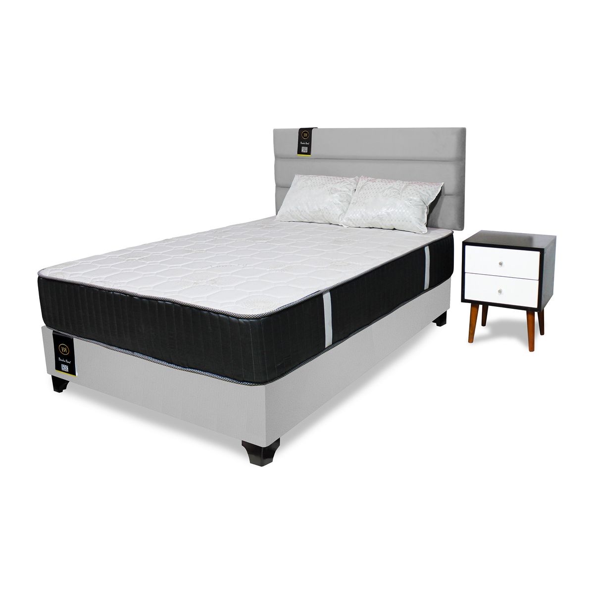 BARAKA HOME - Dormitorio Tuzla 2 Plz + Cabecera + Colchón Dual + 2 Veladores + 2 Almohadas - Gris Claro