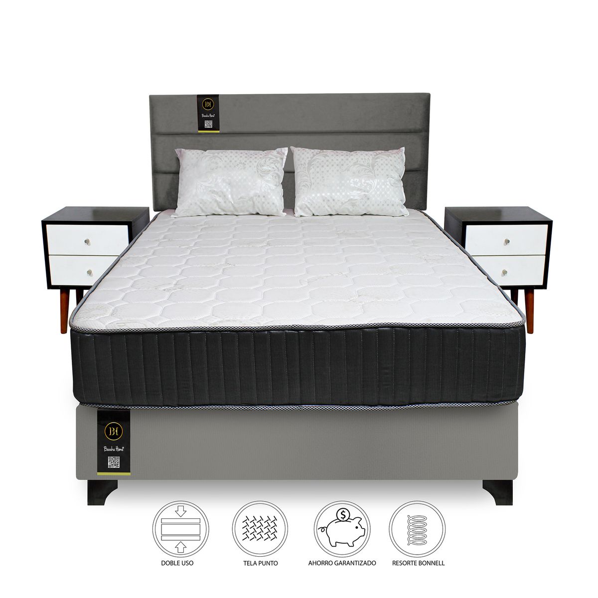 BARAKA HOME - Dormitorio Tuzla 2 Plz + Cabecera + Colchón Dual + 2 Veladores + 2 Almohadas - Gris oscuro