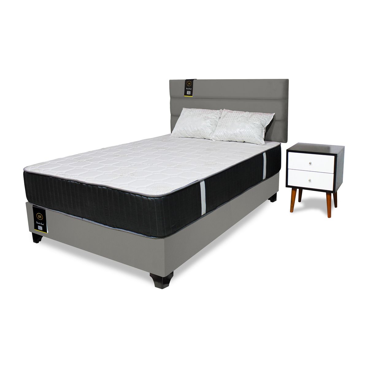 BARAKA HOME - Dormitorio Tuzla 2 Plz + Cabecera + Colchón Dual + 2 Veladores + 2 Almohadas - Gris oscuro