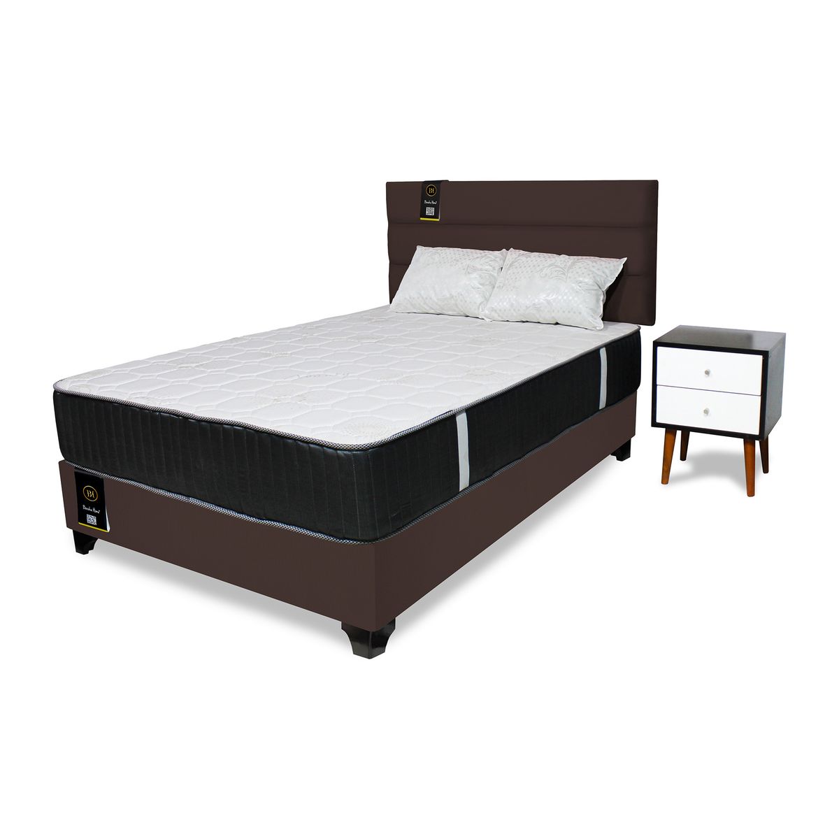 BARAKA HOME - Dormitorio Tuzla 2 Plz + Cabecera + Colchón Dual + 2 Veladores + 2 Almohadas - Chocolate