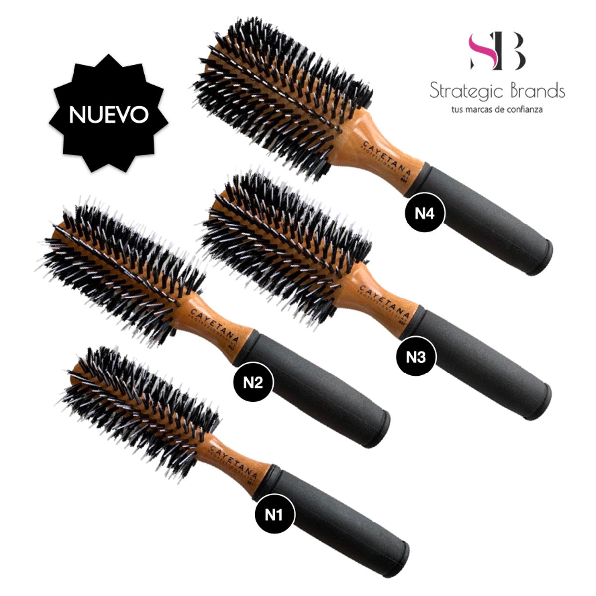 CAYETANA - Kit x4 Cepillos de Cabello Profesional de Madera con Cerdas Penacho
