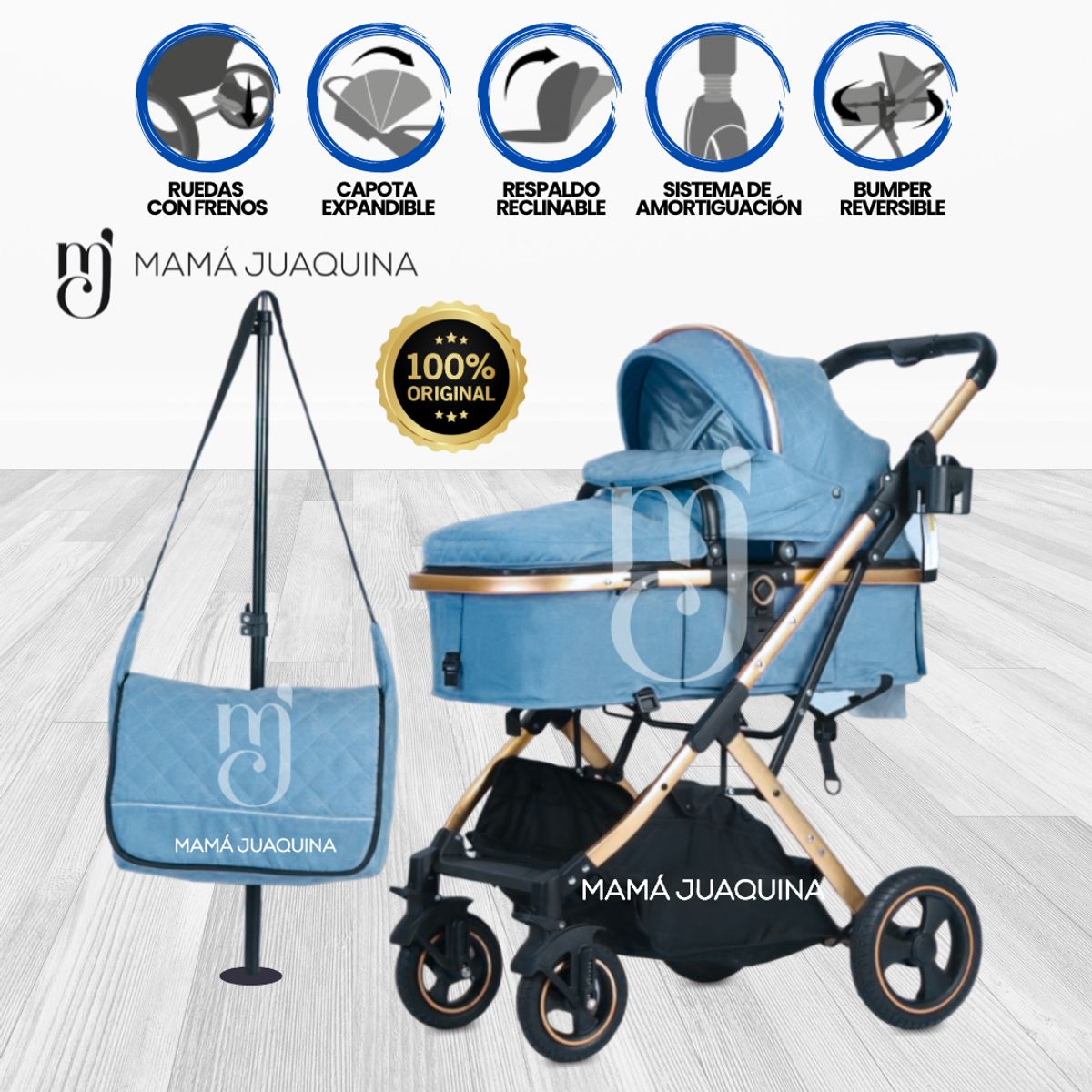 BABY - Coche Moisés «BARBARA» con Bolsa Pañalera Light Blue