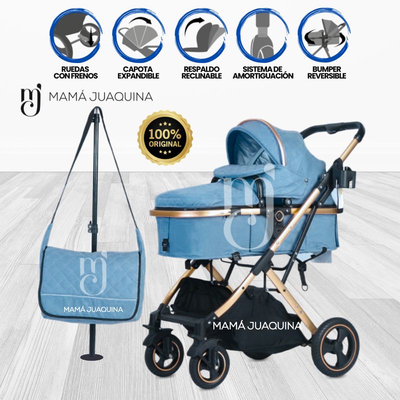 BABY - Coche Moisés «BARBARA» con Bolsa Pañalera Light Blue