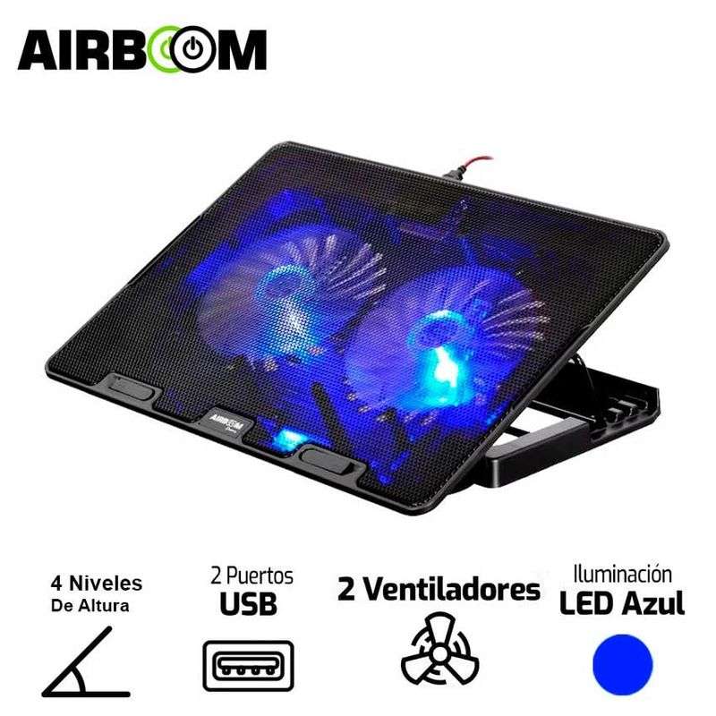 AIRBOOM - Cooler Para Laptop Airboom Polaris - AB 003 Base Fan x2 Led Azul Negro