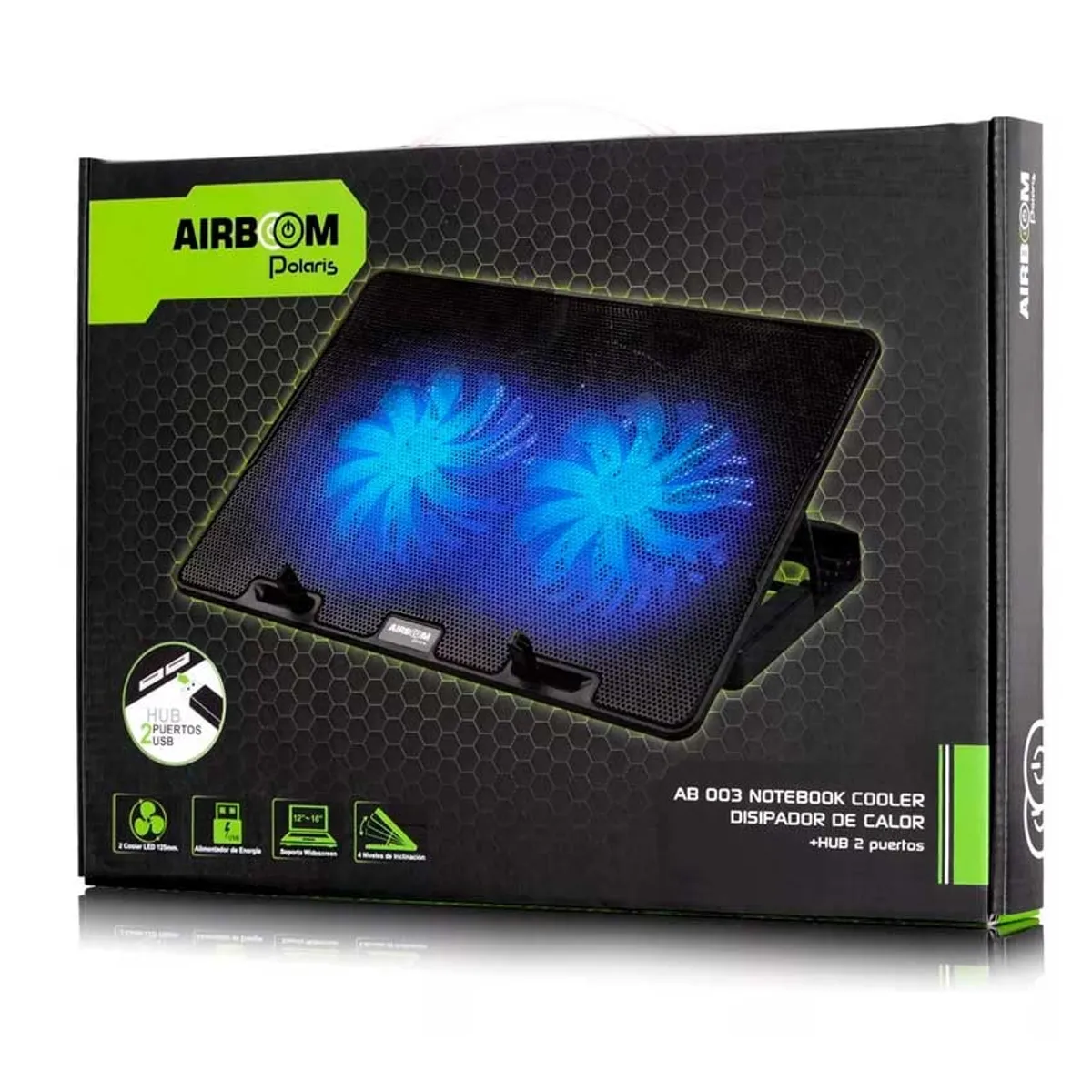 AIRBOOM - Cooler Para Laptop Airboom Polaris - AB 003 Base Fan x2 Led Azul Negro