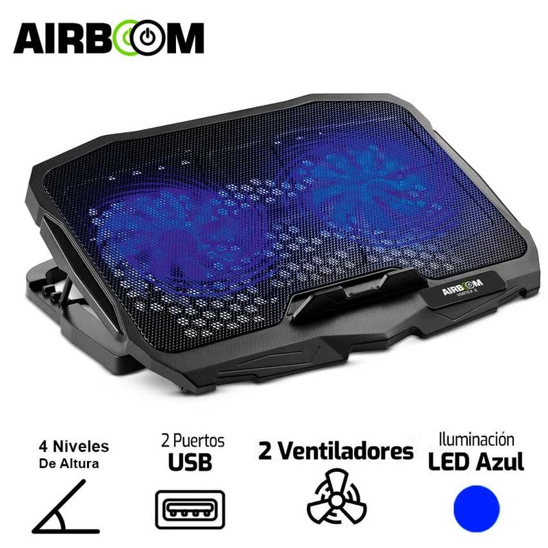 AIRBOOM - Cooler Para Laptop Airboom Vortex 2 - AB 007  LED Azul 10" hasta 17"