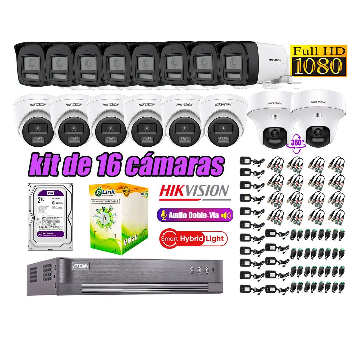 HIKVISION - Kit 16 Cámaras de Seguridad 2MP 2 Domo PTZ Full HD Audio Bidireccional 2TB