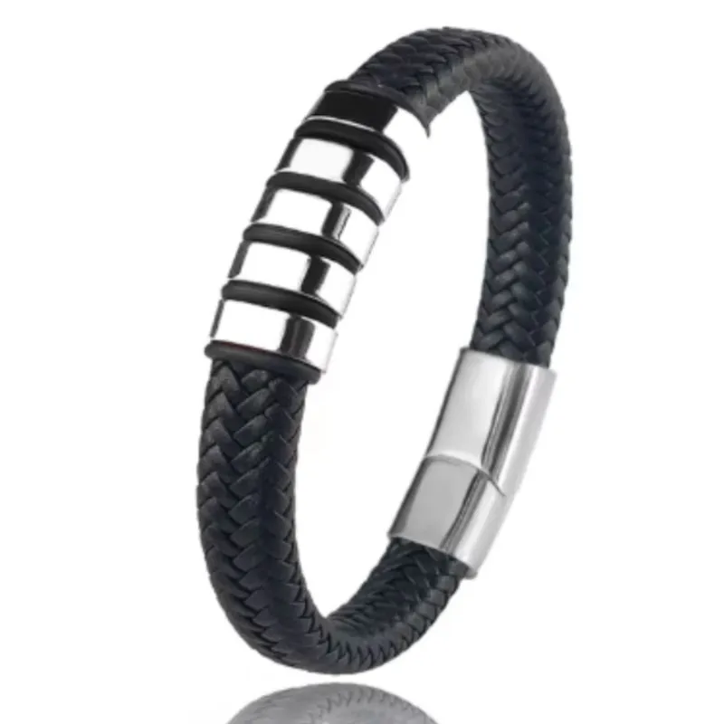 GENERICO - Pulsera para Hombre de Cuero y Acero Inoxidable trenzada