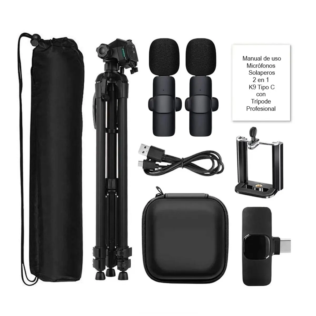 OEM - Kit Dual de grabación micrófonos 2 en 1 K9 TipoC con estuche y Trípode