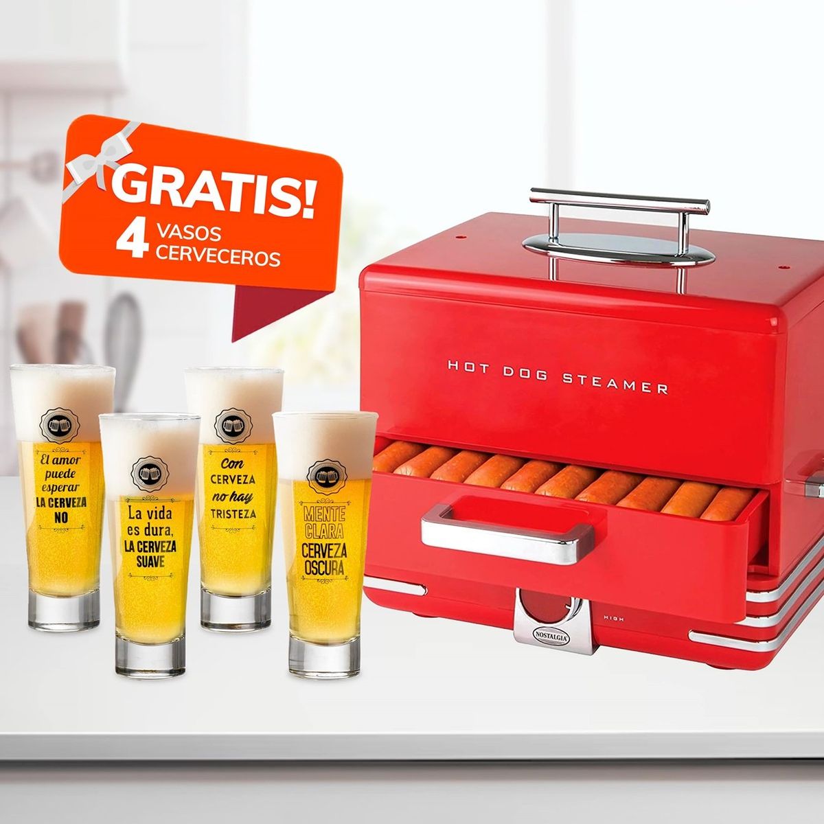 NOSTALGIA - Vaporera de Hot-Dog Retro Nostalgia con 4 Vasos Cerveceros