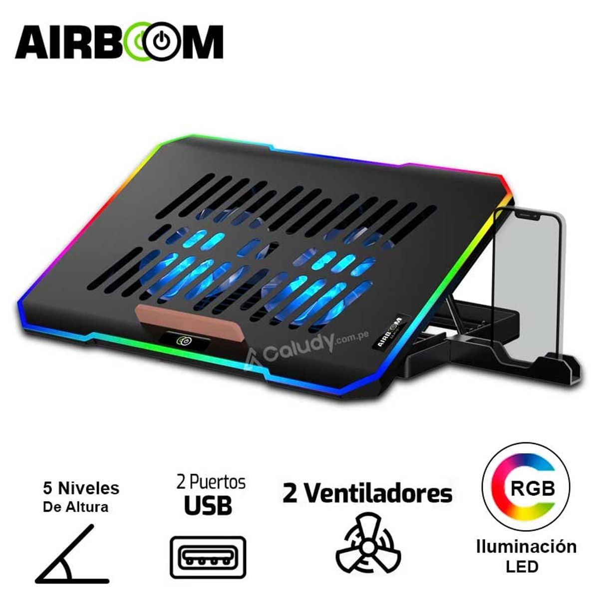 AIRBOOM - Cooler Para Laptop Airboom Lexus + - AB 02H RGB Luz RGB 2 USB 2 FAN
