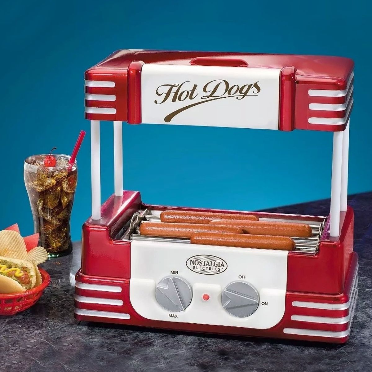 NOSTALGIA - Vaporera de Hot-Dog Retro con Rodillo Freidor para Hot-Dog Retro