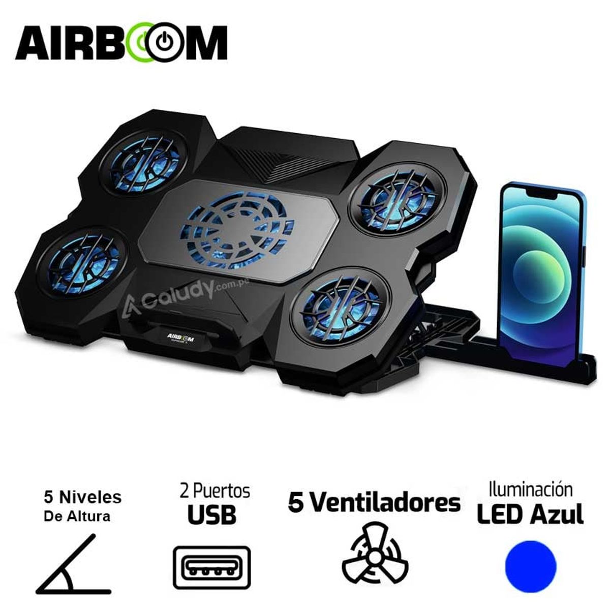 AIRBOOM - Cooler Para Laptop Airboom Supreme 5 - AB 034 LED Azul 2 USB 5 FAN