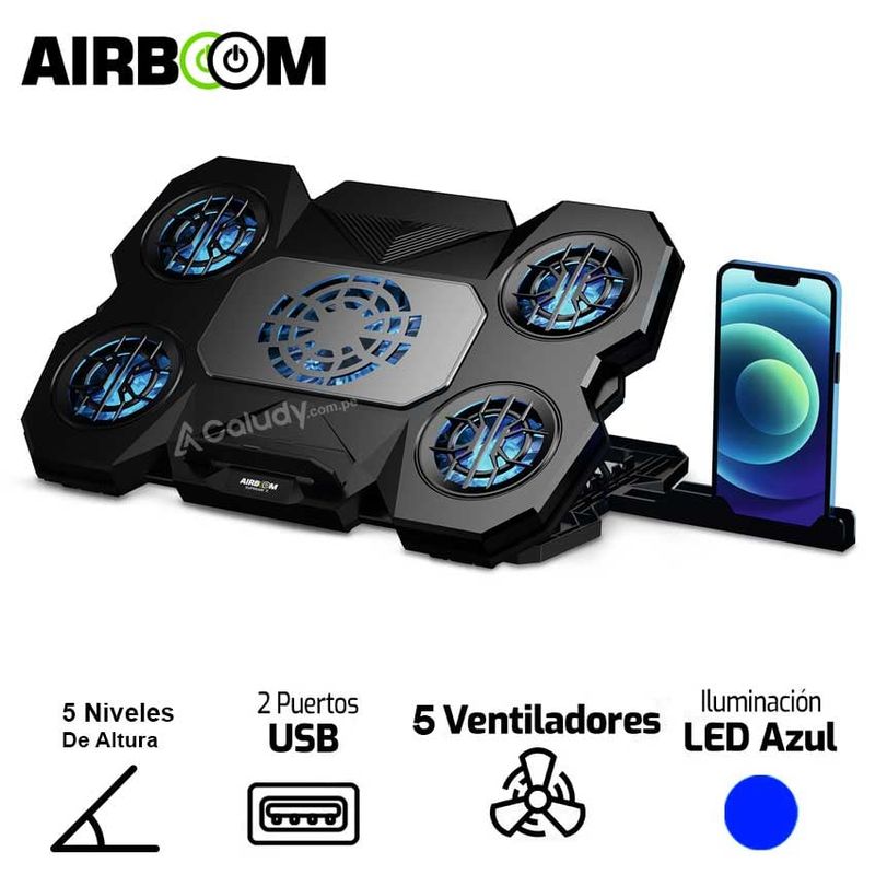 AIRBOOM - Cooler Para Laptop Airboom Supreme 5 - AB 034 LED Azul 2 USB 5 FAN