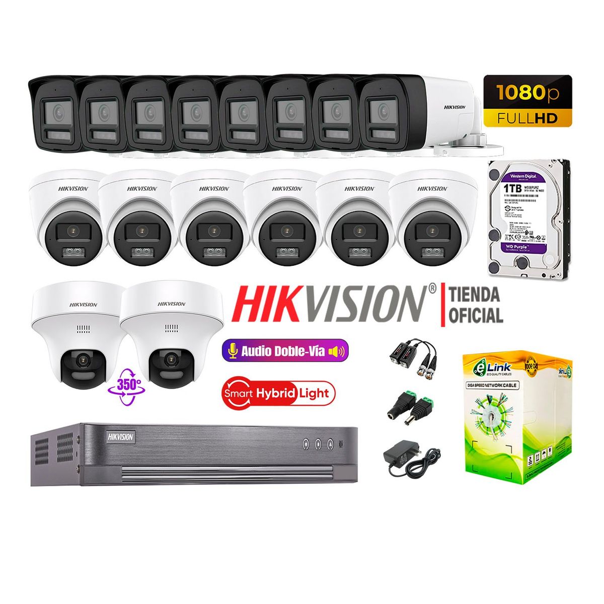 HIKVISION - Camaras Vigilancia Kit 16 Full HD Audio Bidireccional Smart Light 2 Domo PT 1TB
