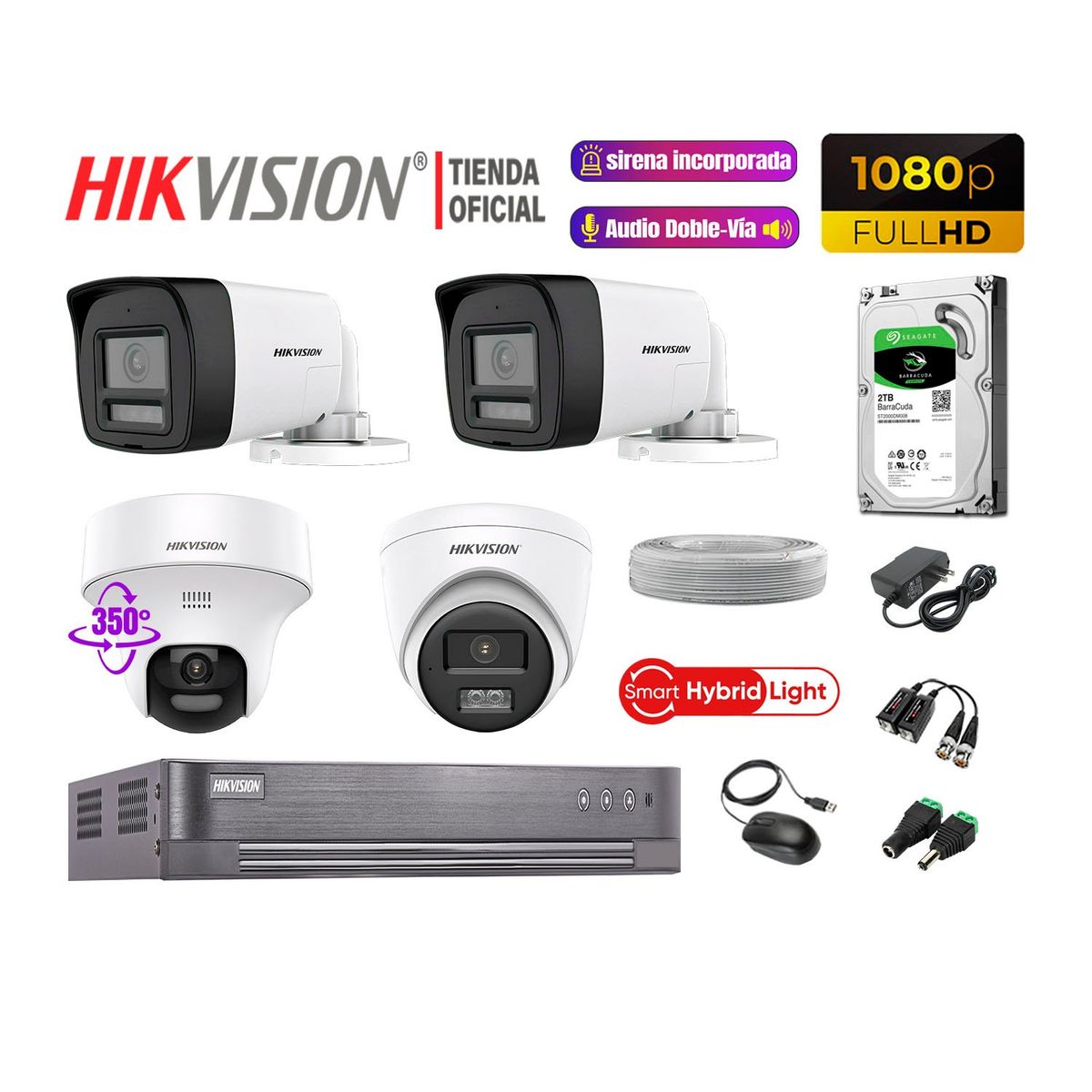HIKVISION - Camaras Vigilancia Kit 4 Full HD Audio Bidireccional Luz Sirena 1 Cámara PT 2TB