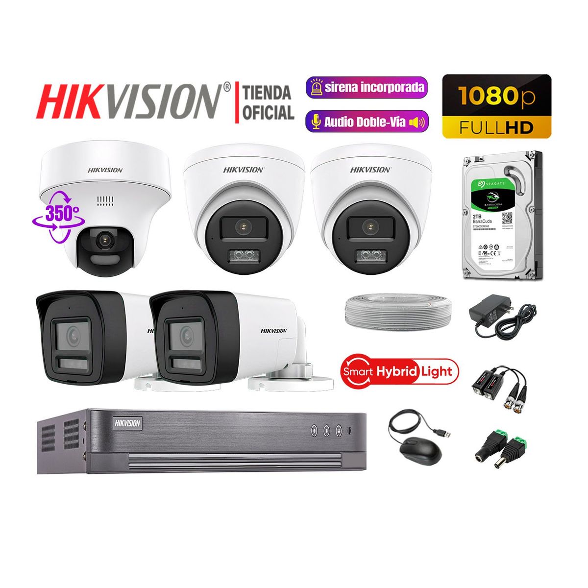HIKVISION - Camaras Vigilancia Kit 5 Full HD Audio Bidireccional Luz Sirena 1 Cámara PT 2TB