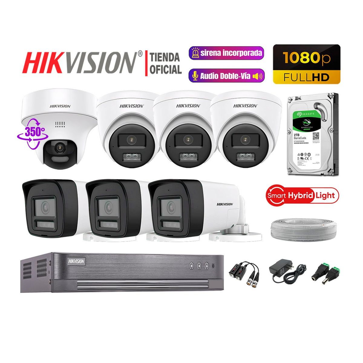 HIKVISION - Camaras Vigilancia Kit 7 Full HD Audio Bidireccional Luz Sirena 1 Cámara PT 2TB