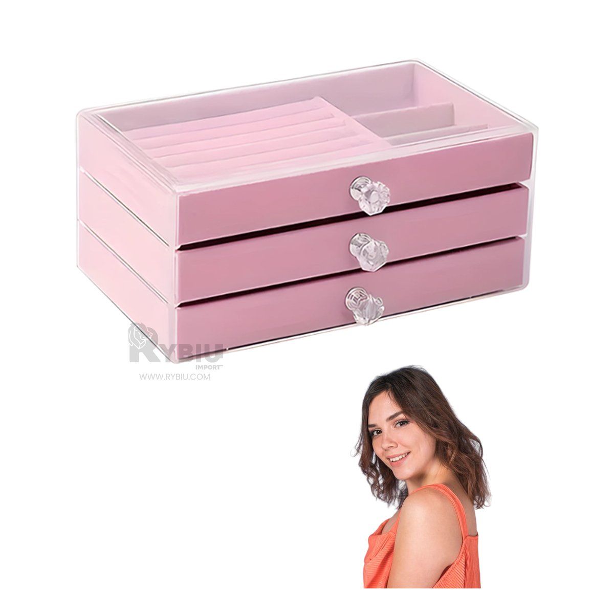 RYBIU IMPORT - Estuche de Bisutería con 3 Niveles en Rosado Y+Stickers