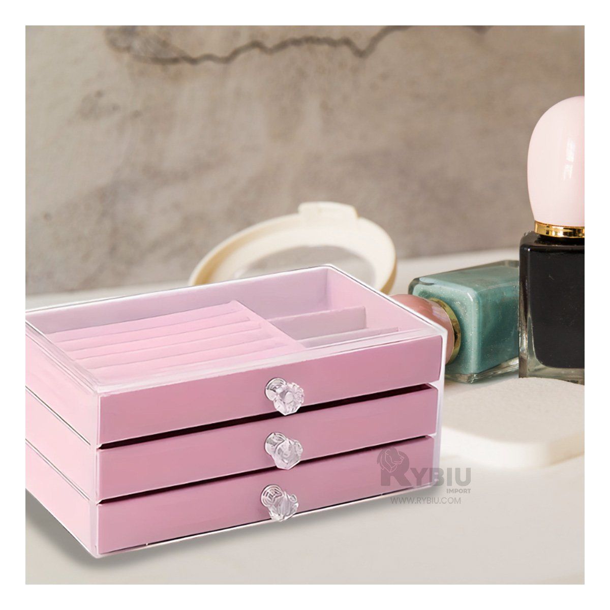 RYBIU IMPORT - Estuche de Bisutería con 3 Niveles en Rosado Y+Stickers