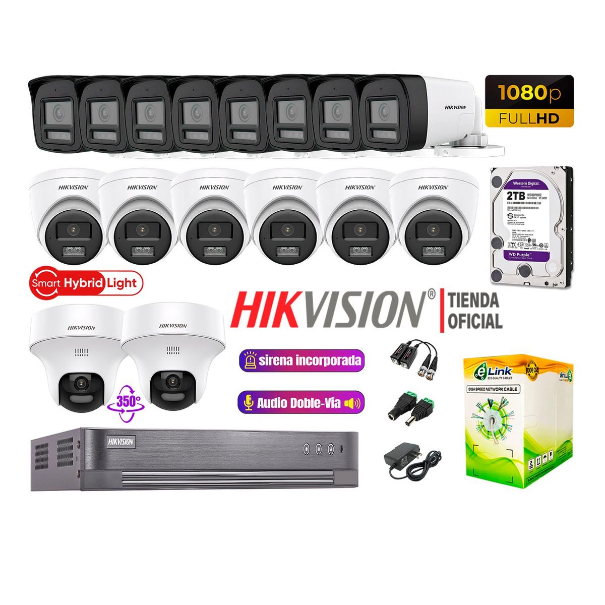 HIKVISION - Camaras Vigilancia Kit 16 Full HD Audio Bidireccional Luz Sirena 2Cámaras PT 2TB