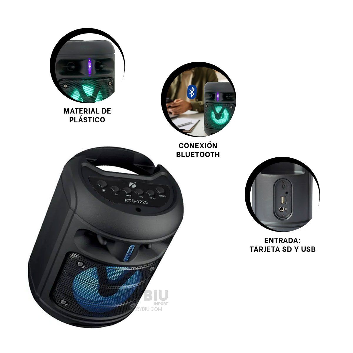 RYBIU IMPORT - Bocina con Bluetooth KTS 1225 Tono Negro Y+Gift Stickers