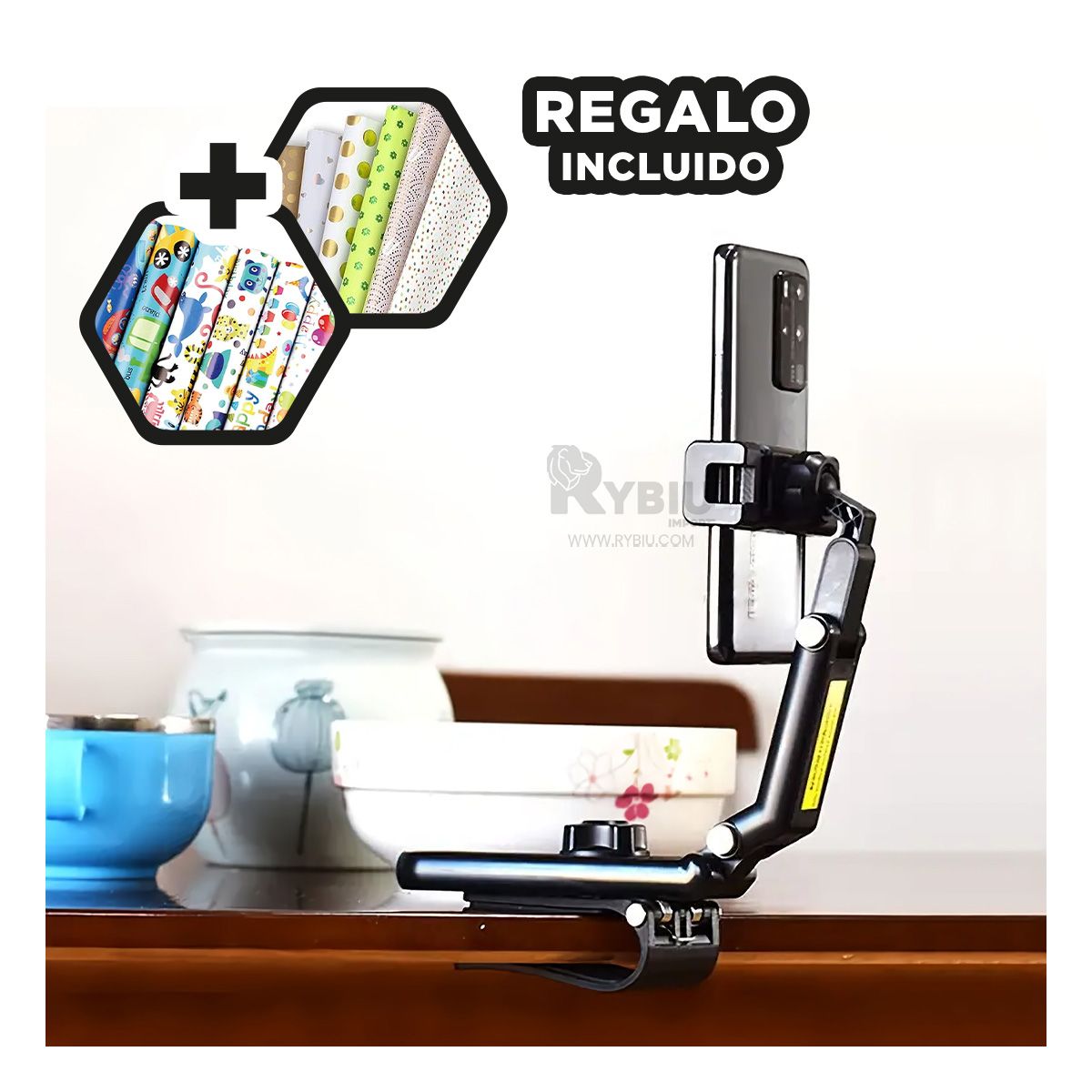 RYBIU IMPORT - Soporte para Smartphone de Visera en Negro Y+Regalo Stickers