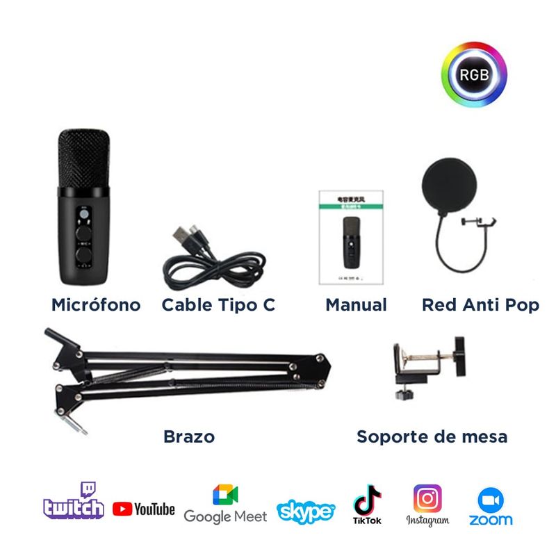 GENERICO - Micrófono para PC USB para Stream Tik Tok Twitch + Adaptador Tipo C