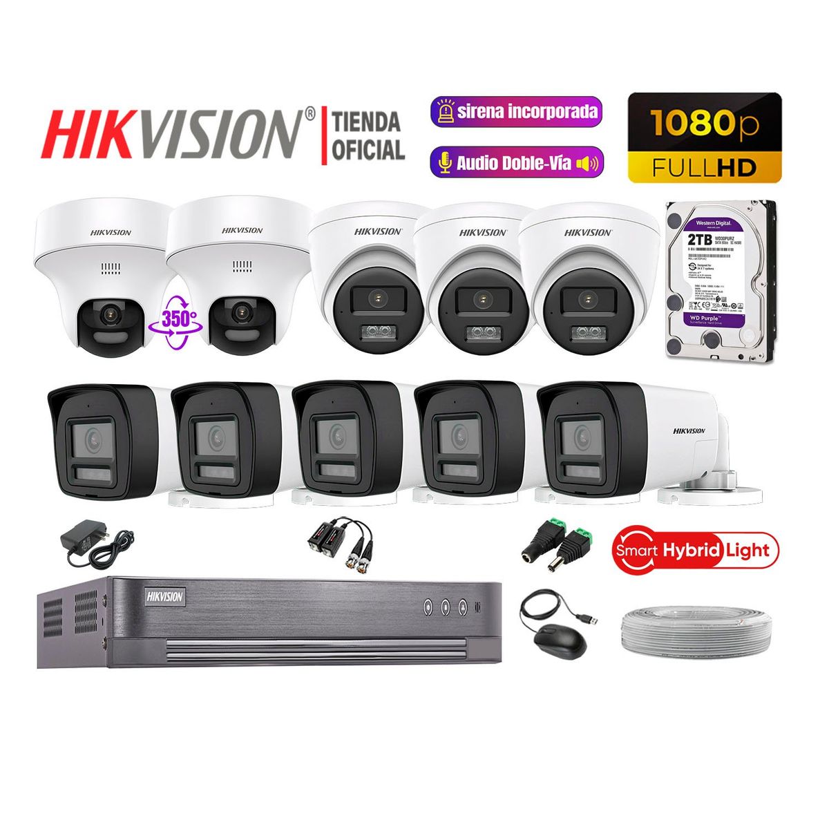 HIKVISION - Camaras Vigilancia Kit 10 Full HD Audio Bidireccional Luz Sirena 2 Cámaras PT 2TB