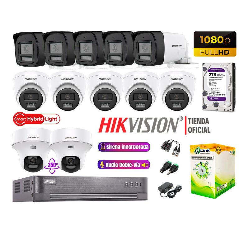 HIKVISION - Camaras Vigilancia Kit 12 Full HD Audio Bidireccional Luz Sirena 2Cámaras PT 2TB