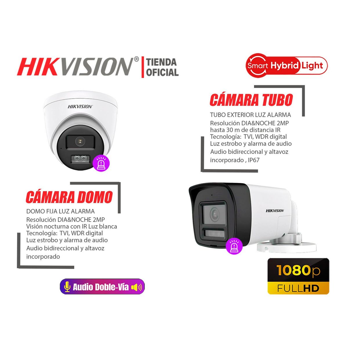 HIKVISION - Camaras Vigilancia Kit 14 Full HD Audio Bidireccional Luz Sirena 2Cámaras PT 1TB