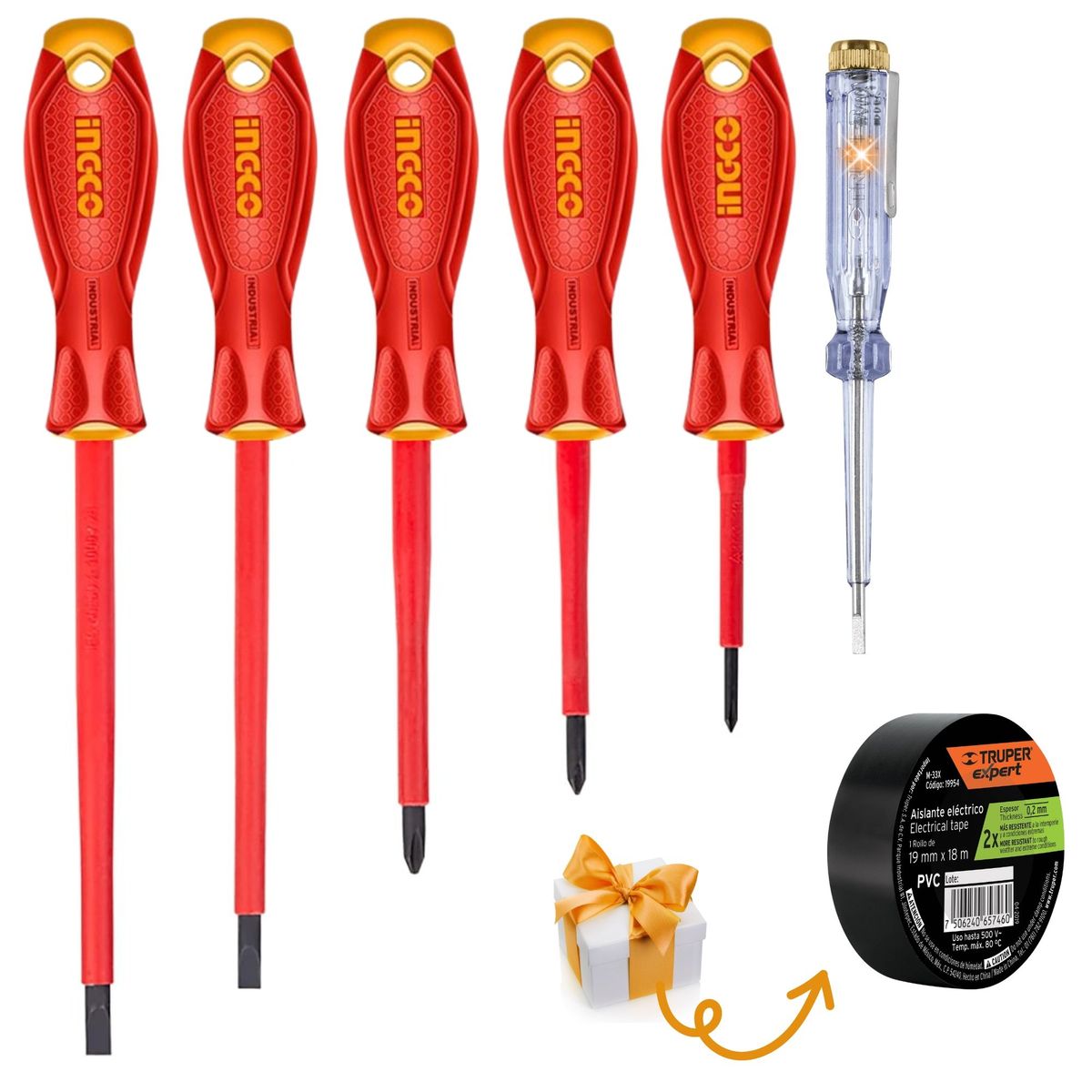 INGCO TOOLS - Desarmadores dielectricos 1000V industrial + probador de corriente