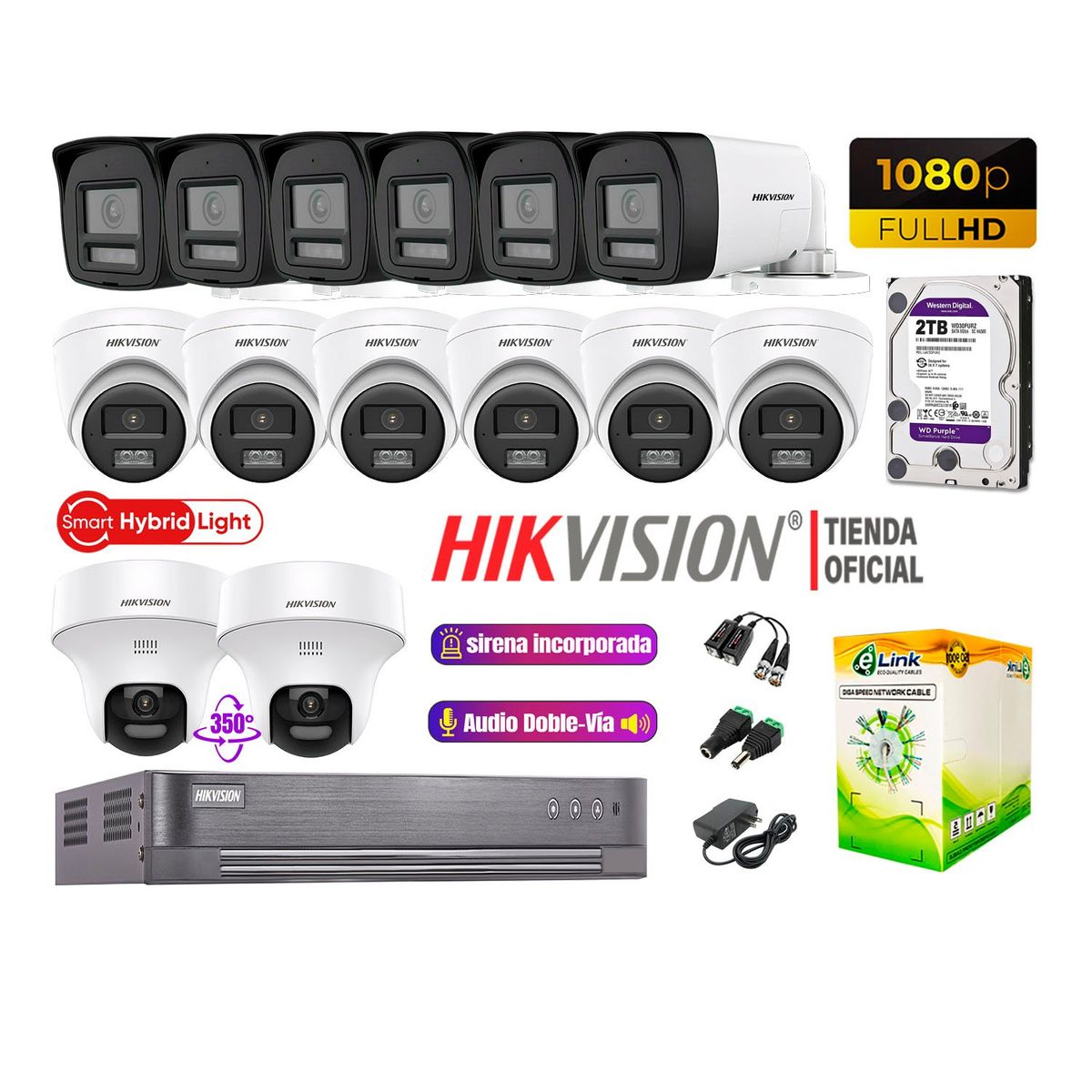 HIKVISION - Camaras Vigilancia Kit 14 Full HD Audio Bidireccional Luz Sirena 2Cámaras PT 2TB