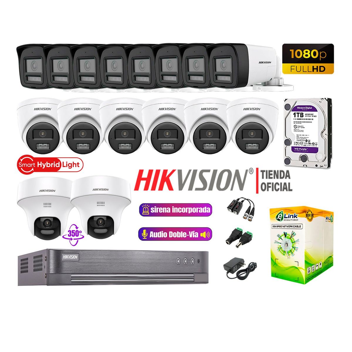 HIKVISION - Camaras Vigilancia Kit 16 Full HD Audio Bidireccional Luz Sirena 2Cámaras PT 1TB