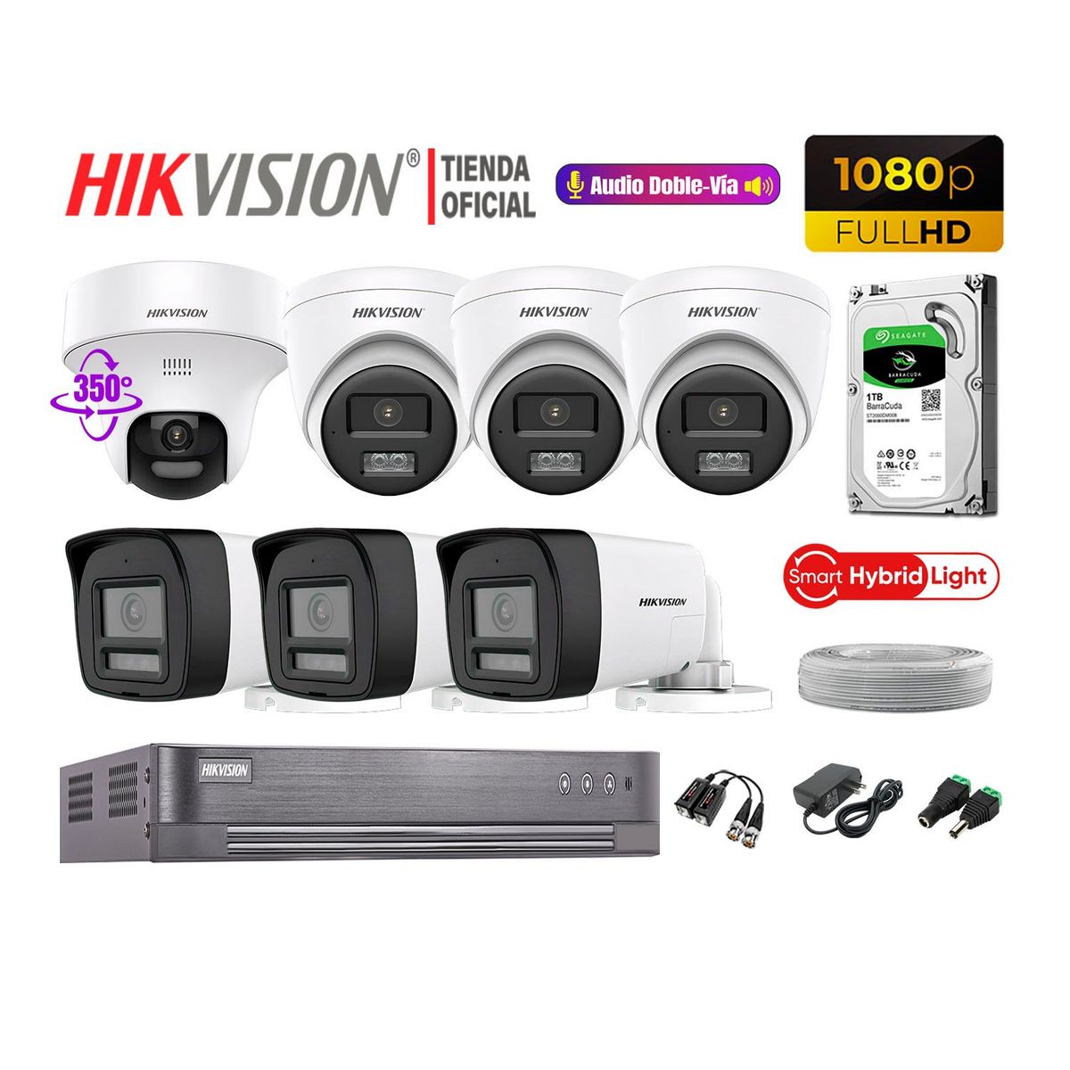 HIKVISION - Camaras Vigilancia Kit 7 Full HD Audio Bidireccional Smart Light 1 Domo PT 1TB