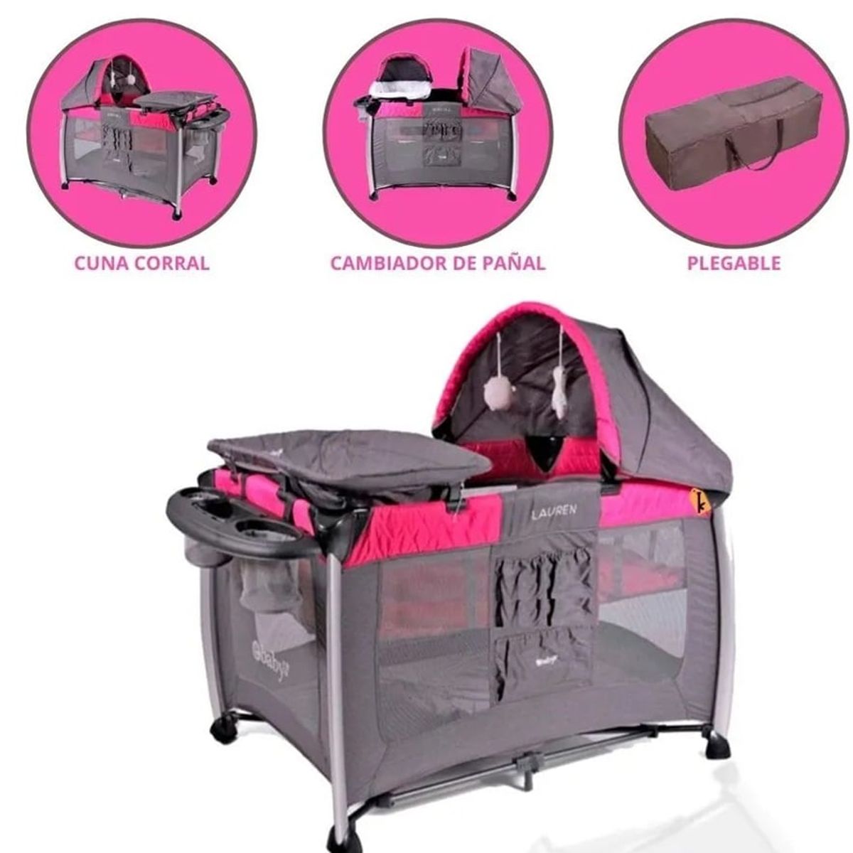 EBABY - Cuna Corral Ebaby Lauren 730 Con Luz y Sonido Rosado